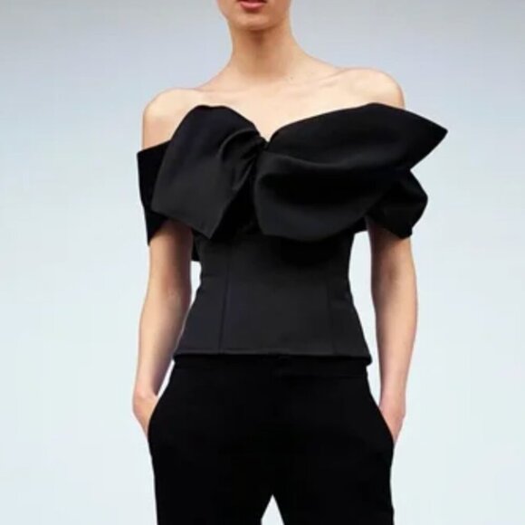 Zara Tops - NWT Zara Voluminous Bow Flower Black Top Special Edition Satin Off The Shoulder